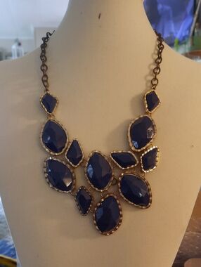 Statement Bib Necklace with Dark Blue Faceted Stones - Women Jewelry